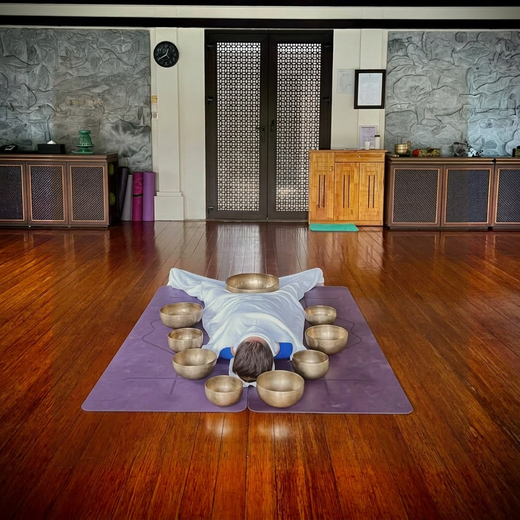 Khách tham gia thực hành Yoga và Sound Healing trong không gian thiên nhiên tại retreat.